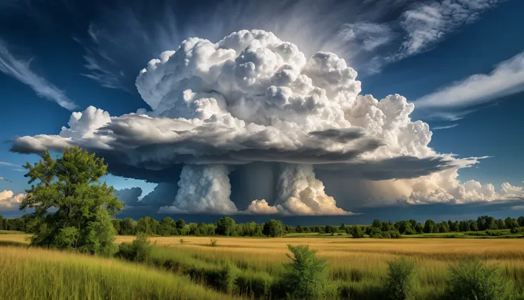 arafed cloud over a field with a tree and a field of grass