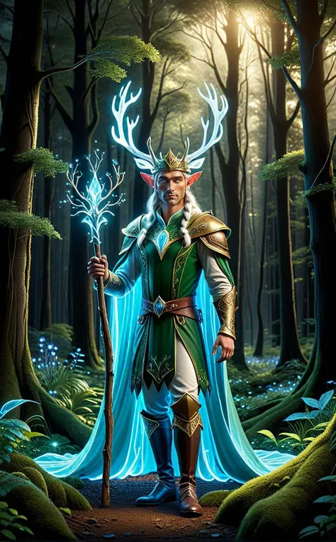 This artwork presents a majestic elf fairy king, characterized by his serene authority and deep connection to the mystical forest around him. His form, crowned with glowing deer antlers, embodies the elegance and wisdom of ancient realms. The king stands a...