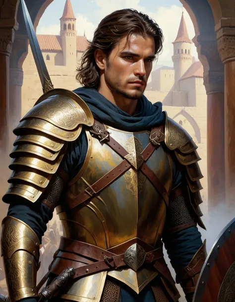 Photo of a male as a warrior, model shoot style, extremely detailed CG unity 8k wallpaper, full body shot of the most beautiful artwork in the world, medieval armor, professional majestic oil painting style by Ed Blinkey, Atey Ghailan, by Jeremy Mann, Greg...