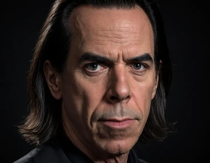 close-up portrait of the face of Nick Cave, black background