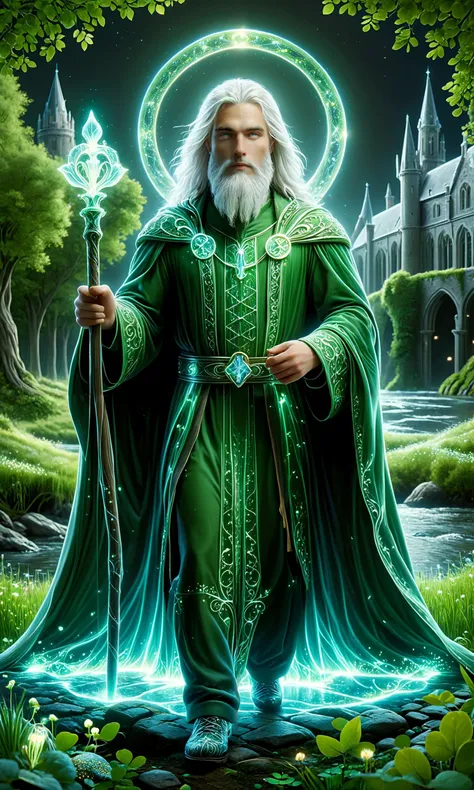 a wizard with a staff and a green robe standing in front of a castle