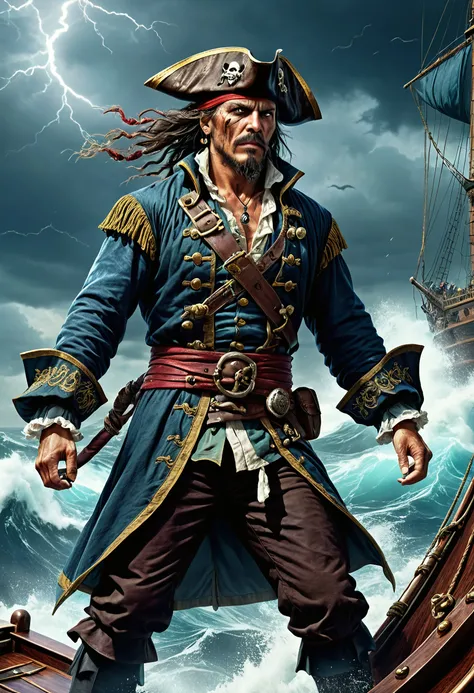 a fantasy illustration of a swashbuckling pirate captain, sailing in rough stormy seas aboard a righteous vessel, highly detailed, 4k