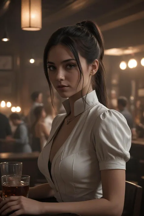 sci fi game style the scene unfolds in a dimly lit bar, where the scent of whiskey and cigar smoke fills the air. a woman with long dark hair tied up in a ponytail sits at the bar, her face adorned with a mysterious smirk. shes dressed in a tight fitting w...