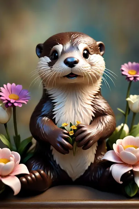 there is a small toy animal sitting in a flower arrangement, a picture by tom chambers, featured on artstation, furry art, cute otter, anthropomorphic furry otter, fantasy otter love