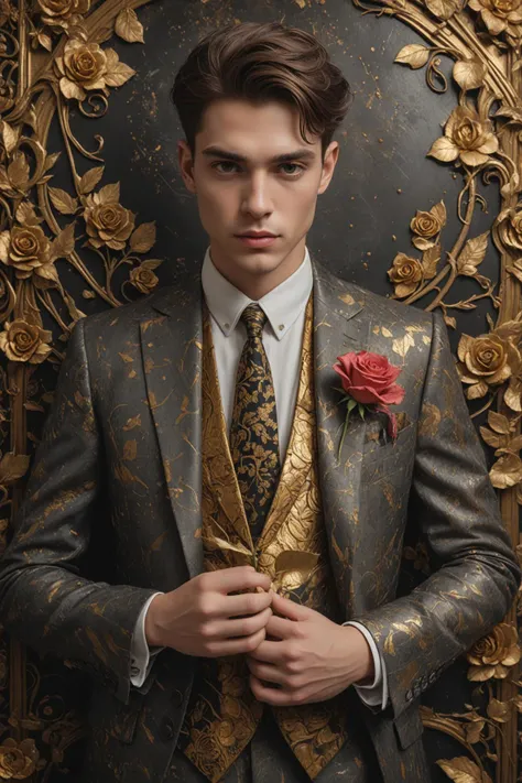 carving style artwork, impasto style painting of a , a close up of a man in a suit and tie holding a rose, maximalist fashion dress, chaotic gold leaf flowers, gothic atmosphere, joe gb fenton, edgar maxence and ross tran, lookbook, full shot, 3 piece suit...