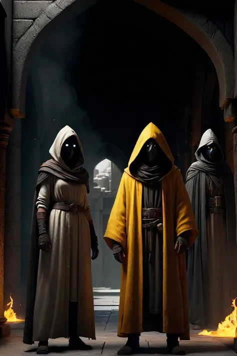 three people in medieval costumes stand in a dark room, unreal engine render concept art, yellow robed cultist, epic games, hooded figures, an ancient city on fire, 2020 s promotional art, black mos eisley, ingame image