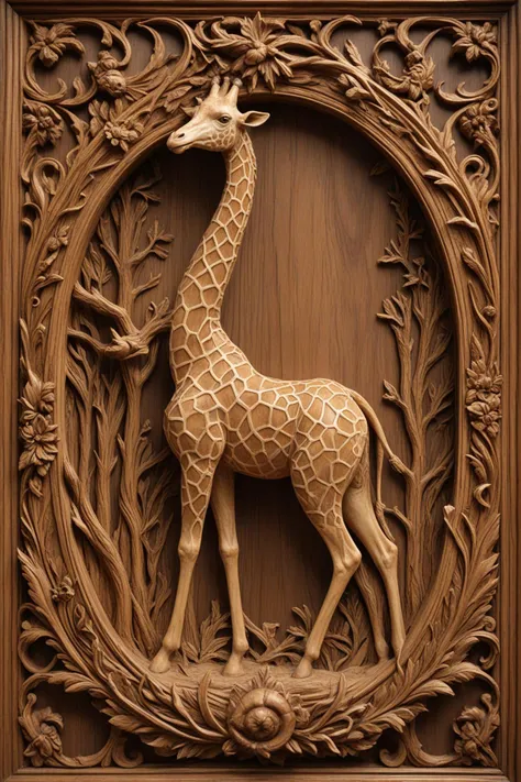 sports video game style, realistic character models, detailed stadiums, tv style presentation carvings of giraffes and other animals in a wooden frame, intricate wood carving, carved in wood, wood carving, intricate carved wood, detailed wood carving, carv...