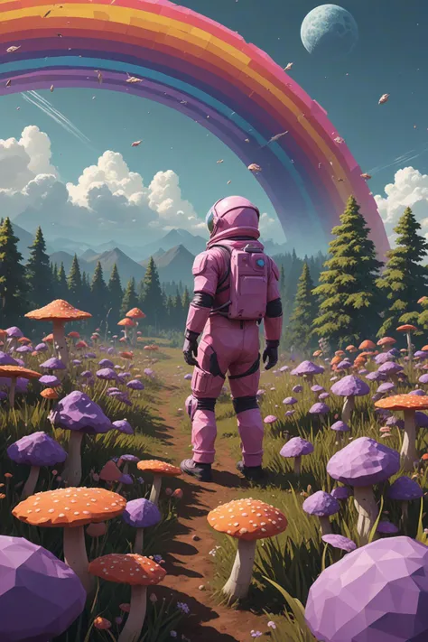 low poly style in the heart of a vibrant field, a lone astronaut stands amidst an unusual crop. the astronaut, adorned with a spacesuit and helmet, is surrounded by towering mushrooms that radiate hues of yellow and orange. the mushrooms stems are a stark ...