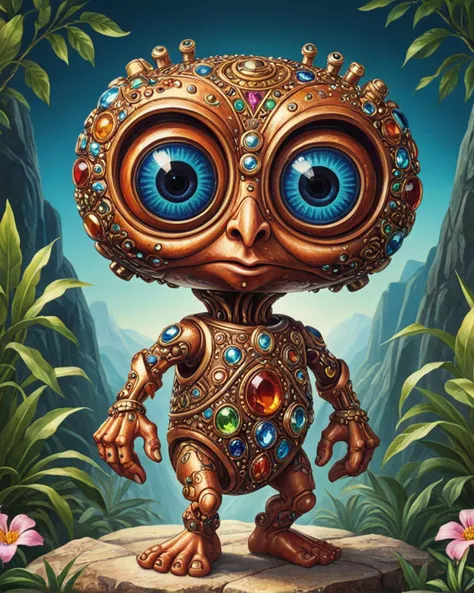 a painting of a robot with big eyes standing on a rock