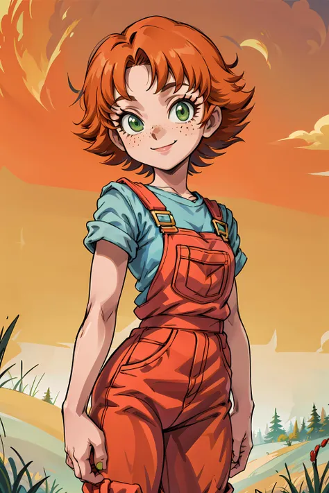 best quality, masterpiece,  (((sfw))),   <lora:frances-v2:0.8>, sxfrances, short hair, orange hair, green eyes, freckles, red overalls, blue_shirt, roll up sleeve, 1girl,solo,looking at viewer, smile