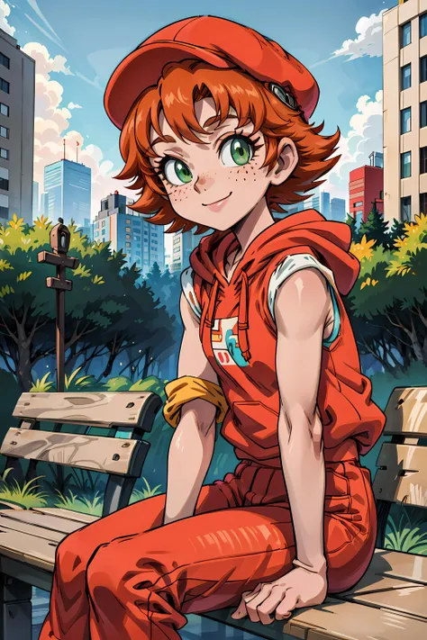 best quality, masterpiece,  (((sfw))),   <lora:frances-v2:0.8>, sxfrances, short hair, orange hair, green eyes, freckles, red under shirt, blue hoodie, roll up sleeve, 1girl,solo,looking at viewer, smile, opened hoodie, red pants, white flat cap, sitting, ...