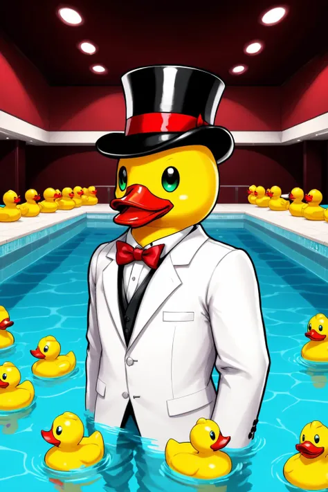 ducky pool with rubber ducks in a white suit and top hat