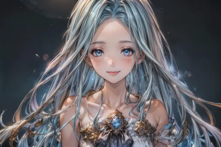 anime girl with long hair and blue eyes with a blue dress