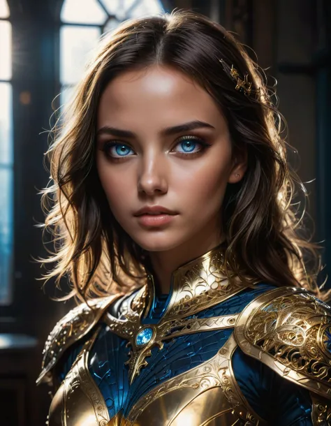 beautiful brunette, closeup in detailed armor, laced gold metal armor, (bright blue details:0.4), radiant eyes, detailed shot, dark room, moonlight through window, clean face