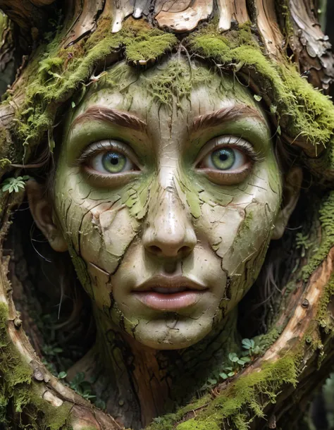 a close up of a statue of a woman with moss on her face