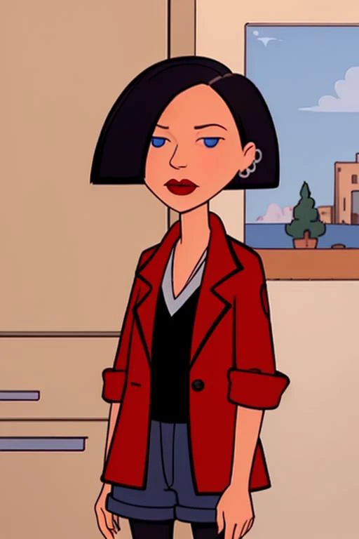 <lora:jane_lane_daria_j4n3l4n3-16:0.75> j4n3l4n3, black hair, 1girl, solo, short hair, lipstick, jacket, makeup, blue eyes, red jacket, bob cut, shorts, jewelry, earrings, red lips, shirt, pantyhose, upper body, fcPortrait_Force_Portrait, portrait, close u...