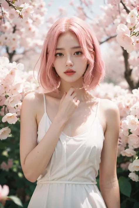 a woman with pink hair standing in front of a tree