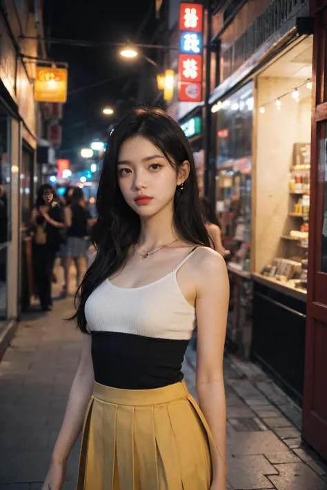 a woman standing on a sidewalk in a city at night