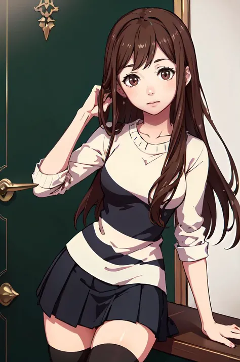 <lora:Emirichu:0.75> Emirichu, brown eyes, brown hair, long hair, striped, shirt, striped shirt, striped sweater, black skirt, pleated skirt, black thighhighs,  <lora:FEFATE-Live2dV2_Fp:1>, ultra detailed, masterpiece, best quality,