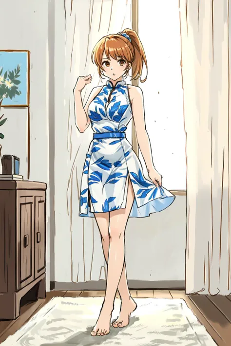 anime girl in a blue dress standing in a room