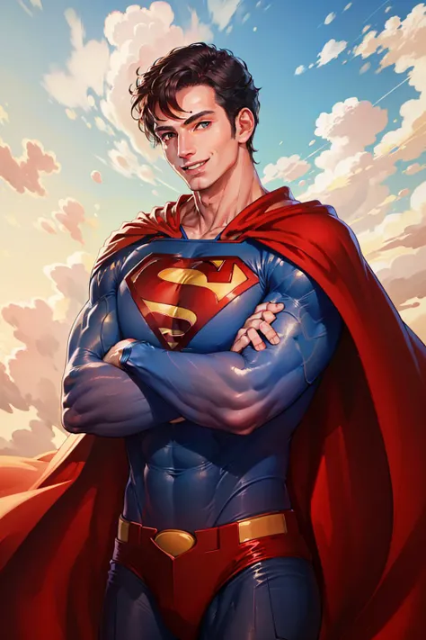 a man in a superman costume standing in front of a cloudy sky