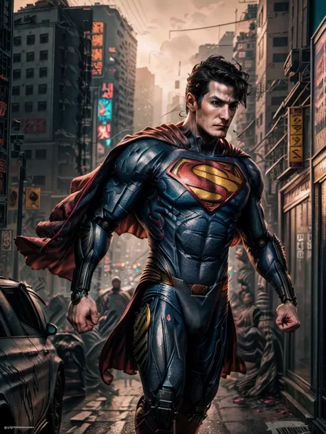 a man in a superman suit walking down a city street