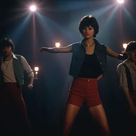 cinematic film still of  <lora:Boogie Nights:1>
In the 1970s a group of people on a stage with lights,1girl,short hair,multiple girls,shirt,black hair,hat,dress,holding,jewelry,standing,closed eyes,earrings,multiple boys,pants,dark skin,necklace,vest,cup,h...