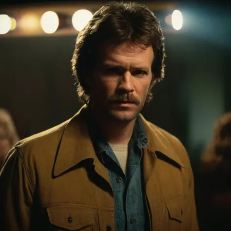 cinematic film still of  <lora:Boogie Nights:1>
In the 1970s young thomas jane a man with a beard and a jacket on,brown hair,shirt,1boy,jacket,male focus,blurry,black jacket,blurry background,facial hair,beard,yellow shirt,realistic,mustache,afro , dramati...