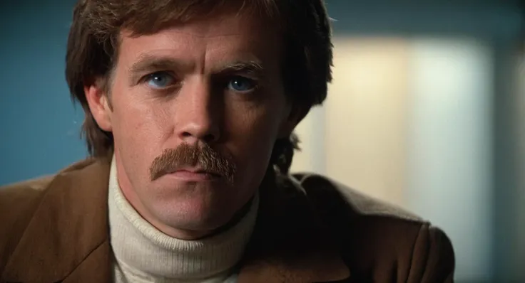 cinematic film still of  <lora:Boogie Nights:1>
In the 1970s Little Bill William H. Macy a man with a mustache and a turtle neck white sweater and brown classic jacket staring at camera with a very sad depressing face,solo,looking at viewer,blue eyes,brown...