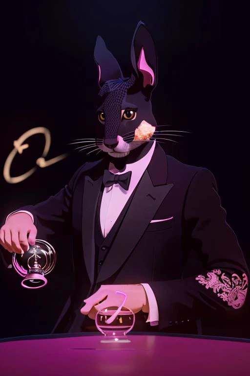 a mouse wearing a top hat and a suit with a bow tie and a bowtie on its head and a pink background, (masterpiece:1.4), (best quality:1.4), ultra high res, beautiful, (intricate details), unity 8k wallpaper, ultra detailed, beautiful, aesthetic, perfect lig...