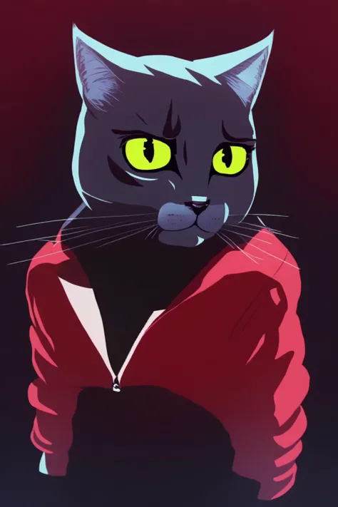 a cat with yellow eyes and a red jacket