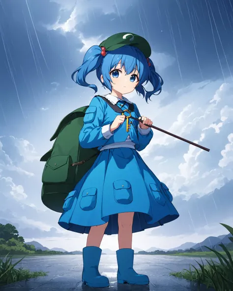 kawashiro nitori,1girl, solo, rubber_boots, rain, long_sleeves, backpack, looking_at_viewer, holding_umbrella, full_body, hat, pocket, blue_skirt, standing, blue_shirt, outdoors, two_side_up, cloudy_sky, black_footwear, headwear_removed, twintails
<lora:ka...