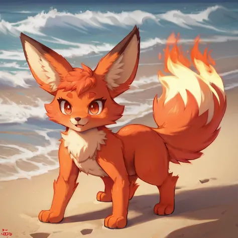 a close up of a cartoon fox on a beach near the ocean