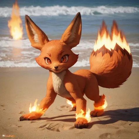 cute, very beautiful, fantastic,artistic, fire, flaming paws, animal, foxparks, on the beach <lora:Foxparks:0.7>, (SFW:1)