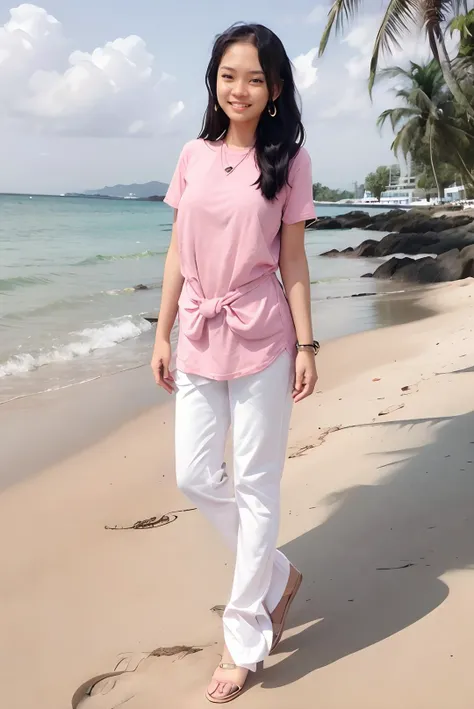 arafed woman standing on a beach with a pink shirt