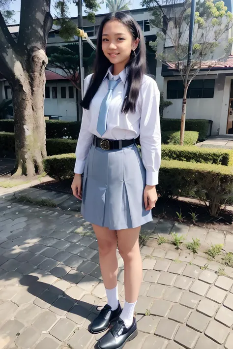 a close up of a woman in a skirt and shirt standing on a brick walkway