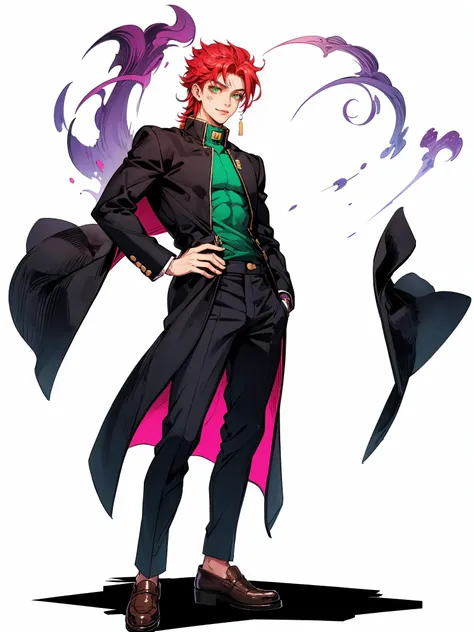 hezi, jojo style, manga, hand drawn style, solo, 1boy, kakyoin noriaki, male focus, school uniform, jewelry, earrings, gakuran, hand on hip, red hair, full body, scar, green eyes, standing, pink hair, scar across eye, white background, smile, scar on face,...