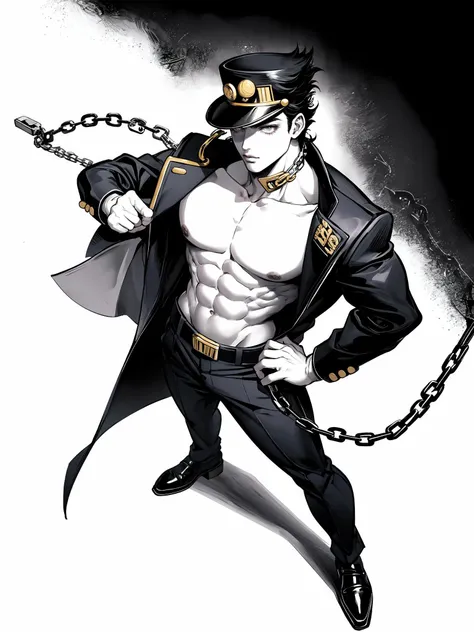 hezi, jojo style, manga, hand drawn style, kujo jotaro, 1boy, solo, pointing, hat, male focus, school uniform, gakuran, jojo pose, long coat, chain, black hair, traditional media, pointing at viewer, belt, full body, white background, simple background, ha...