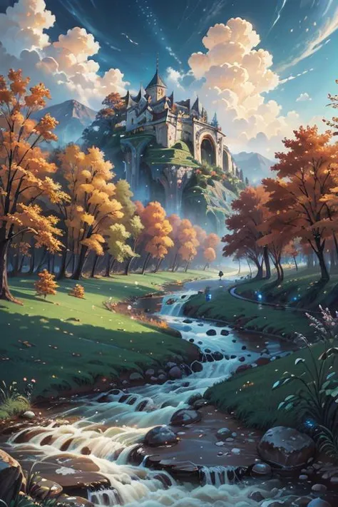 a painting of a castle in the middle of a forest