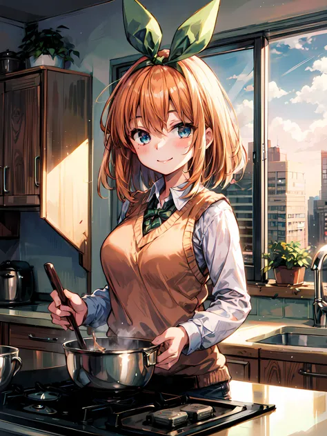 masterpiece, top quality, best quality, 1girl, <lora:YotsubaNakano:1>, Yotsuba, (smile), (green ribbon), Sweater Vest, jacket, <lora:add_detail:0.4>, (apartment), (kitchen), sun light, (messy)