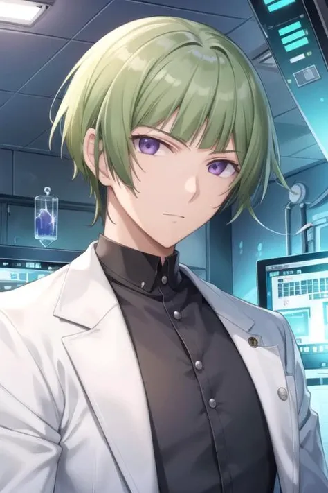 masterpiece, best quality, game cg, 1boy, solo, male focus, looking at viewer, upper body, , <lora:io_naruko:0.66>, io_naruko, green hair, purple eyes, , science fiction noir,