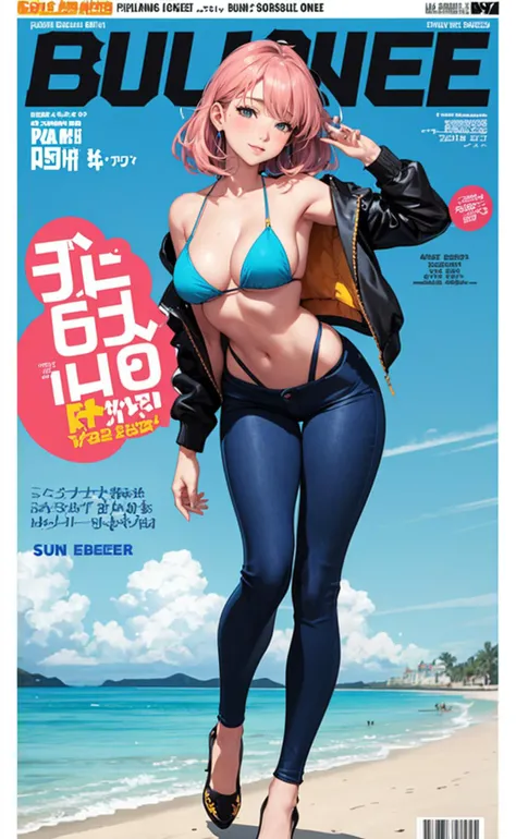 full body,((masterpiece, best quality,photorealistic,)), sexy body, (magazine:1.3),(cover-style:1.3), long pants, bikini, busty, jacket, bare shoulder, ,vibrant,front,colorful,dynamic,scene,text,cover,attention-grabbing,title,stylish,font,catchy,headline,a...