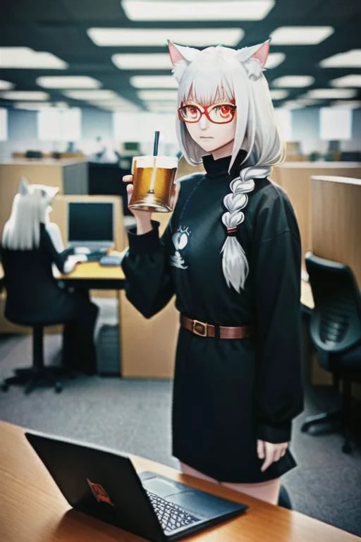 nekomanta girl, dark tan, long white hair with bangs and braid, cat ears, cat eyes, drinking beer, modern fantasy, corporate office red dress, mage, sorcerer, glasses, grace, tattos, holding laptop, lace, beautiful girl, realistic style, dark makeup, cinem...