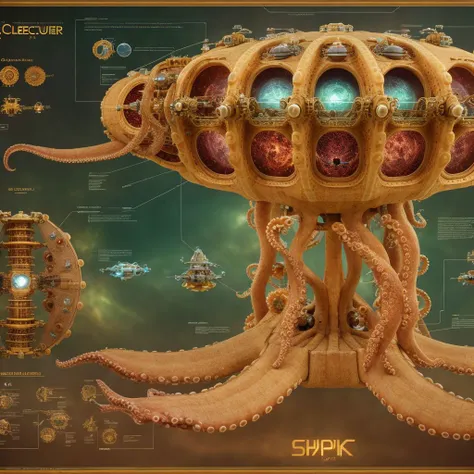 schematic diagram of an octopus inspired spaceship, 4k, film grain, vintage collectors item