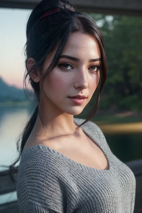 perfect cinematic shoot of a beautiful woman (EPD4n13l44zu4j3:.99), a woman standing at a lake shore, perfect high ponytail, wearing sexy gray (sweater), (eclipse in background:1.2), (detailed background:1.1), (face focus), modelshoot style, (extremely det...