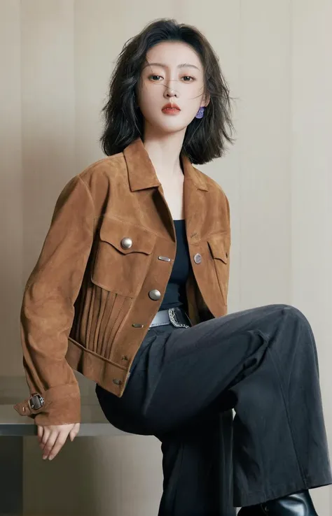 (masterpiece,best quality,ultra high res:1.2),(photo-realistic:1.3),(beautiful face,exquisite face,skin texture:1.1),(Suede_jacket:1.5),(Wide-leg_pants:1.4),(Ankle_boots:1.3),
side_light,
<lora:zhangtianai_XL_0_:1>,zhangtianai,
chinese actress,cowboy_shot,