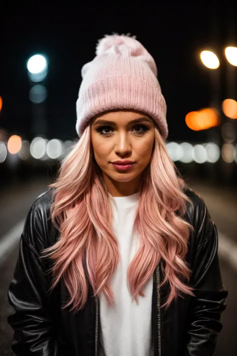 a woman with pink hair wearing a pink hat and black jacket