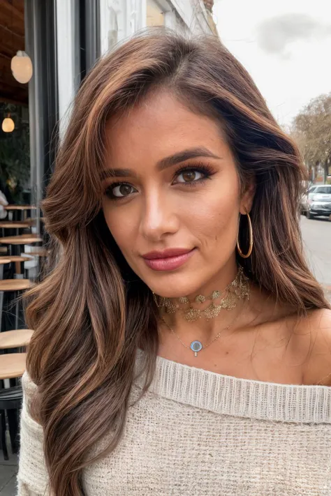 a woman with long brown hair wearing a sweater and earrings