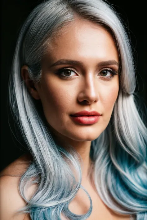 a woman with blue hair and a white top posing for a picture