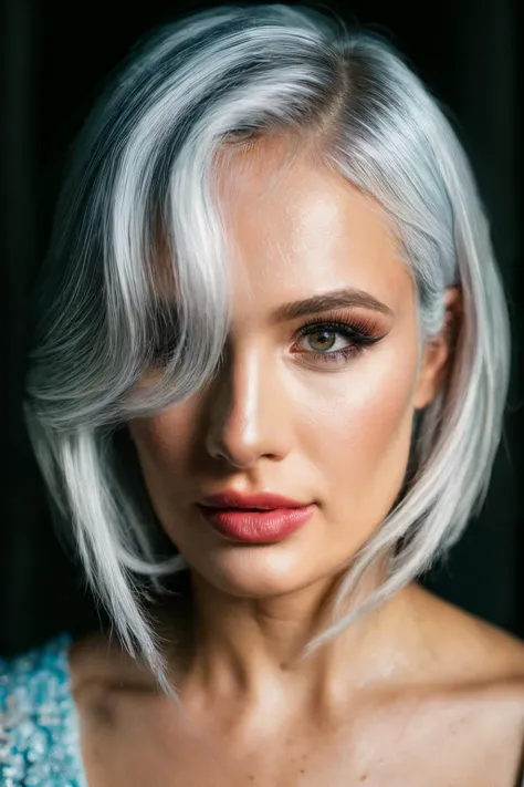 a woman with a white hair and blue eyes is posing for a picture